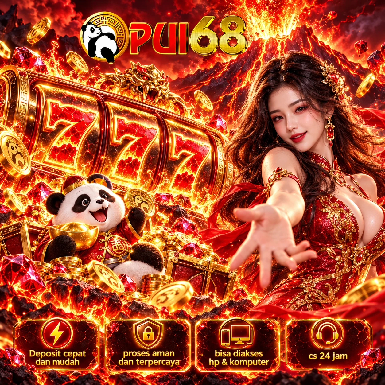 Banner PUI68 bernuansa merah menyala dengan karakter promosi dan simbol game digital