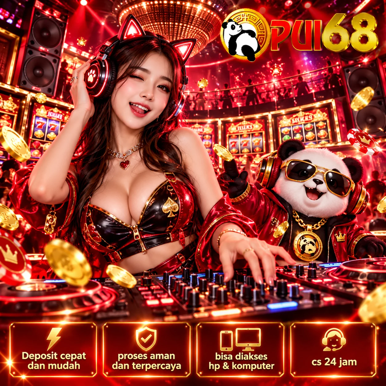 Banner PUI68 bernuansa merah lava dengan karakter promosi, jackpot 777, dan elemen hadiah digital